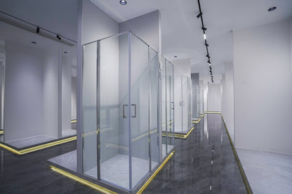 Rothnow® black frameless glass hinged shower door, 900mm wide by 2200mm high, for modern shower enclosure.