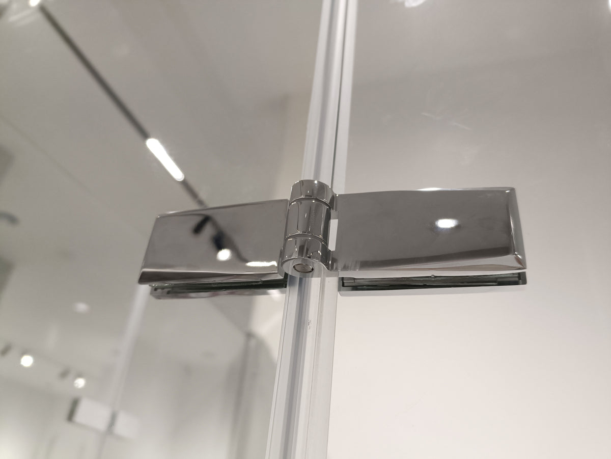 Rothnow® frameless glass hinged shower door with black frame, 900mm width, designed for modern shower panels.
