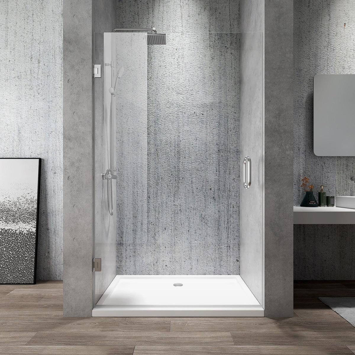 Rothnow® frameless hinged shower door panel in black, 900mm wide by 2200mm high, for modern shower enclosure.