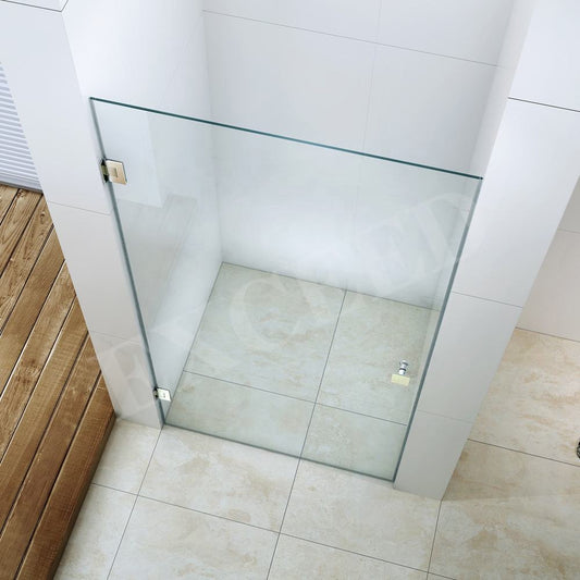 Rothnow frameless black hinged shower door panel, 900mm x 2200mm, for modern walk-in shower enclosure.