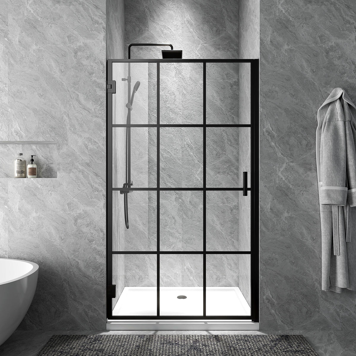Rothnow® French style hinged shower door in black, 900mm wide and 2200mm high, with sleek glass panels and modern design