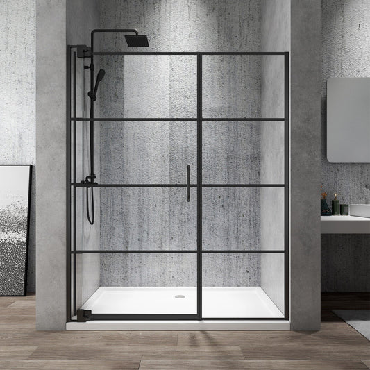Black Rothnow shower panel with hinged shower door featuring invisible hinges, 900mm wide and 2200mm high, modern design.
