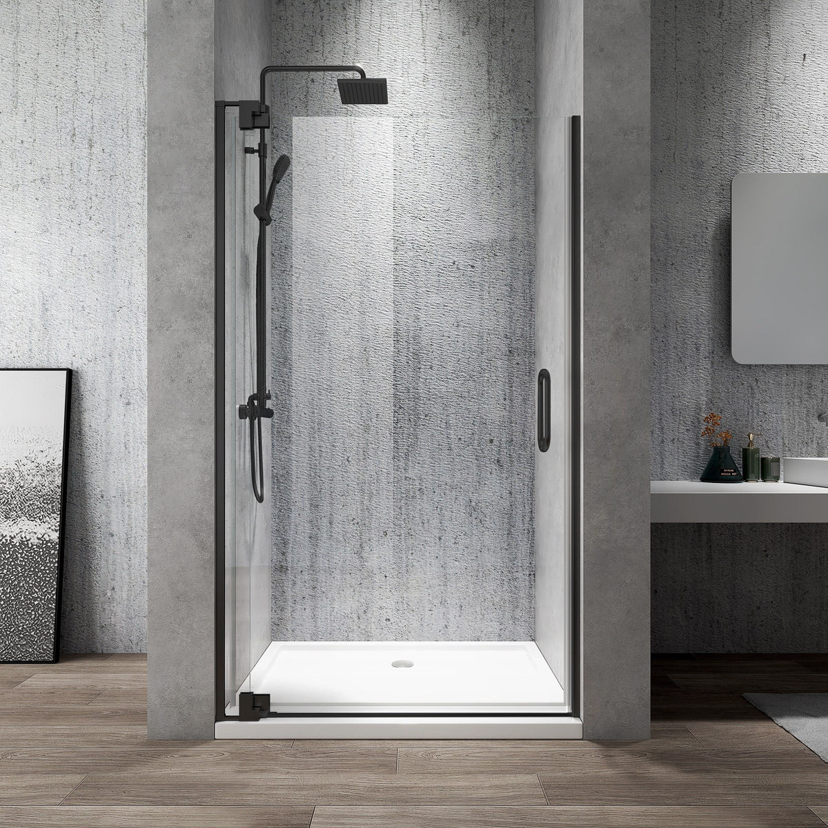 Rothnow® black hinged shower door with invisible hinges, 900mm wide and 2200mm high, featuring sleek modern design