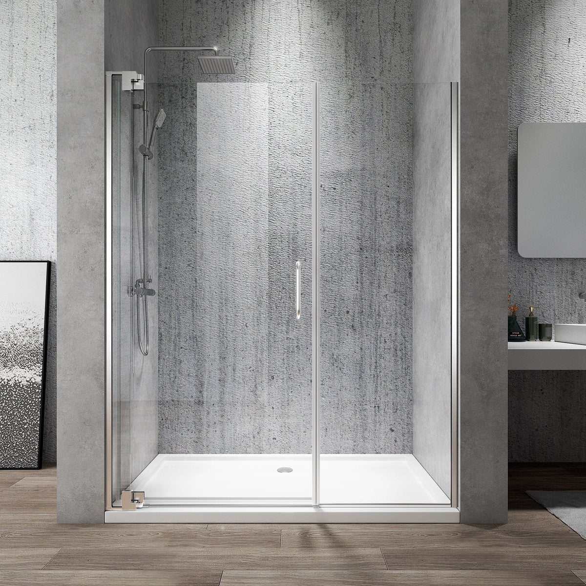 Black Rothnow® hinged shower door with sleek design and invisible hinges, measuring 900mm x 2200mm, for modern shower enclosures.