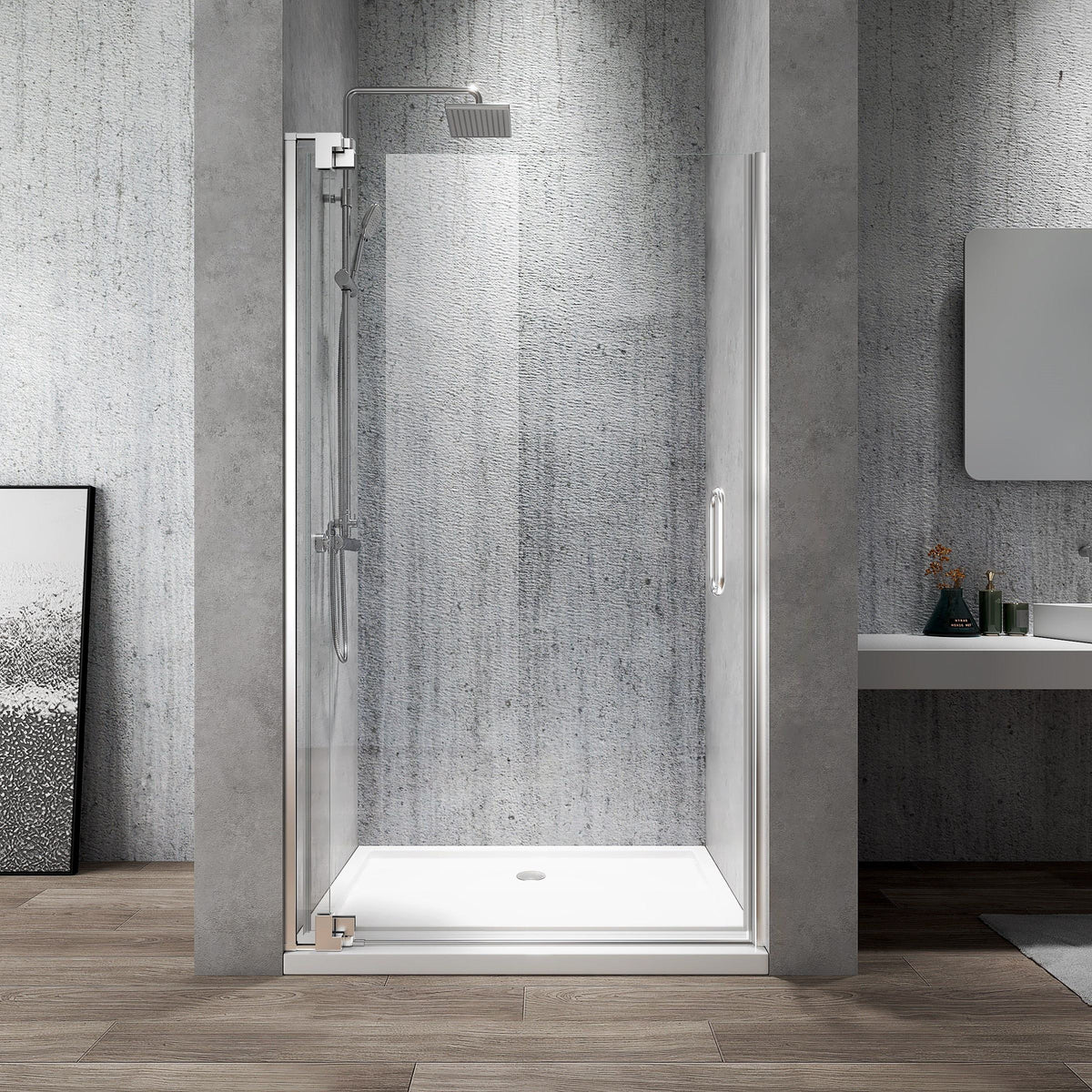 Rothnow® black hinged shower door with invisible hinges, 900mm wide and 2200mm high, part of a sleek shower panel system.