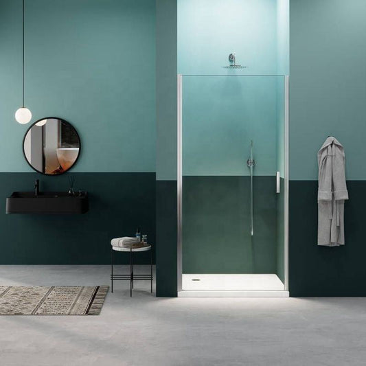 Rothnow® matte silver hinged shower door with black accents, designed for a sleek modern shower panel.