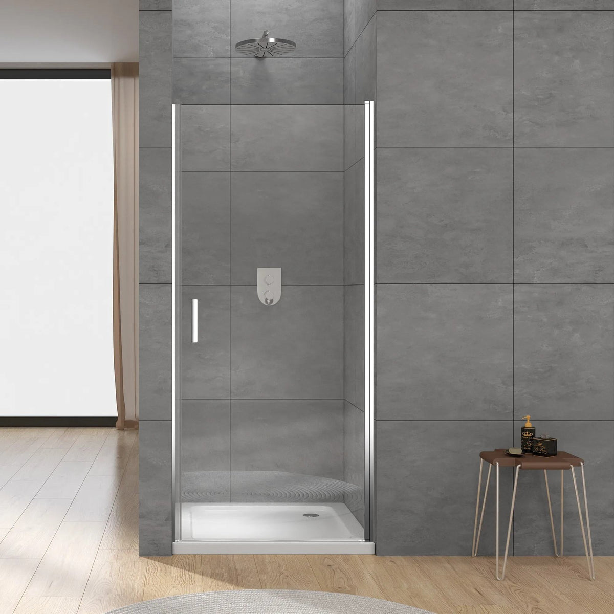 Rothnow® minimalist black hinged shower door with sleek design, 900mm wide and 2200mm high, for modern shower enclosures.