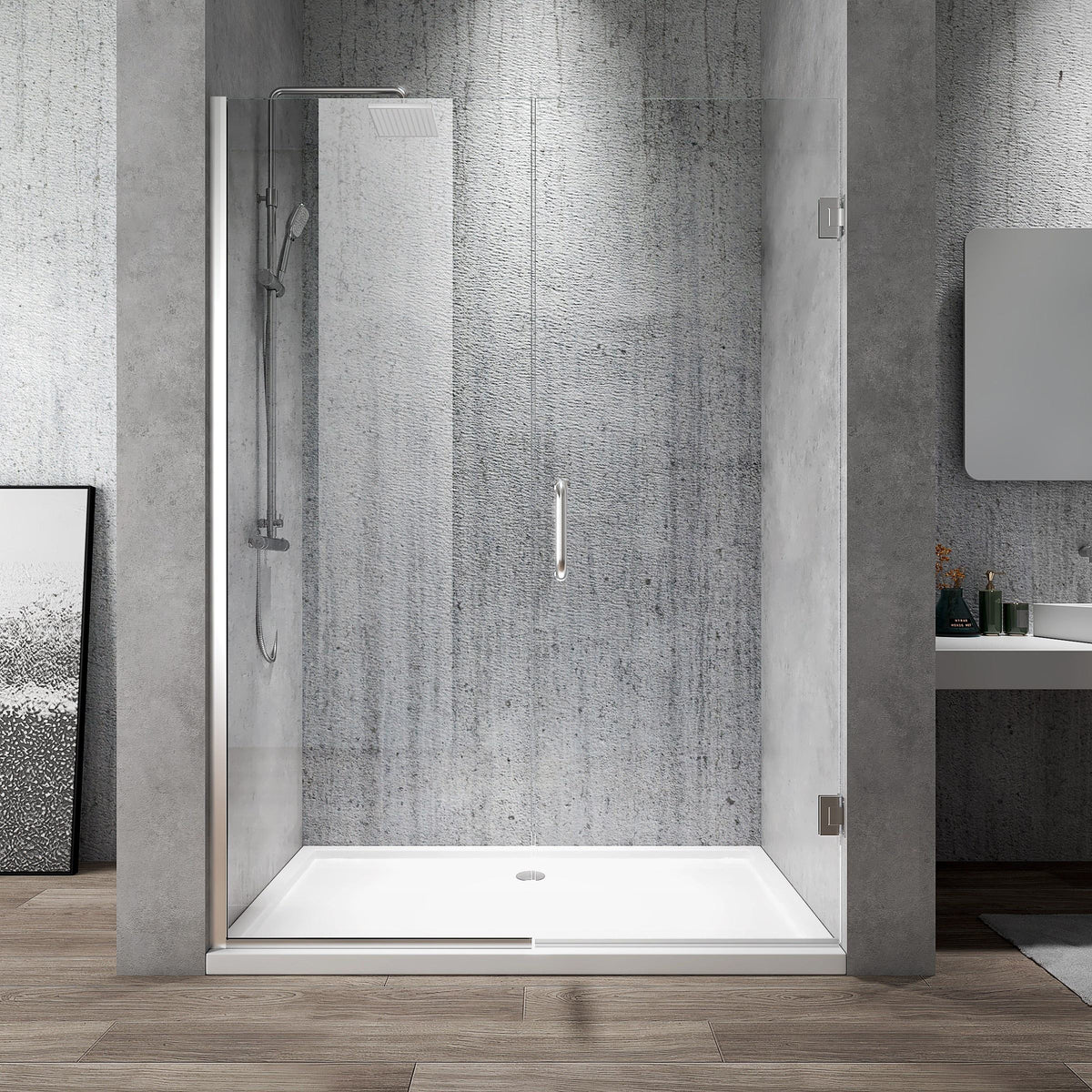 Rothnow® black hinged shower door with mirrored profile, 900mm wide and 2200mm high, modern design for bathroom shower enclosure.