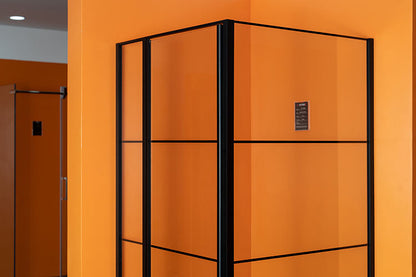 Rothnow® black hinged shower door with lattice decoration, 900mm wide and 2200mm high, modern glass shower enclosure.