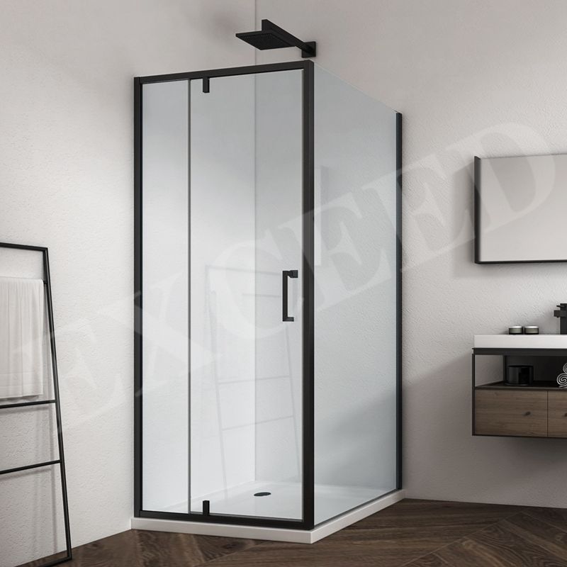 Rothnow® black shower panel with pivot shower door, featuring one fixed panel and one pivot door for modern bathroom use