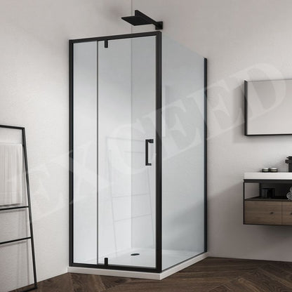 Rothnow® black shower panel with pivot shower door, featuring one fixed panel and one pivot door for modern bathroom use