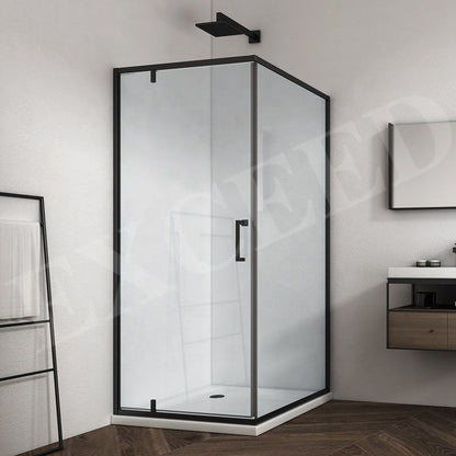 Rothnow® black shower panel with pivot shower door, featuring one fixed panel and one pivot door, 900mm width, 2200mm height