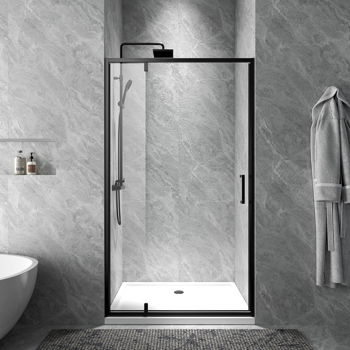 Rothnow® black pivot shower door for shower panel, featuring sleek black profile and modern design for bathroom enclosure.