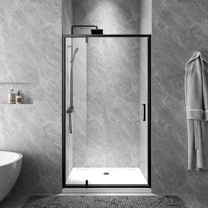 Rothnow® black pivot shower door for shower panel, featuring sleek black profile and modern design for bathroom enclosure.