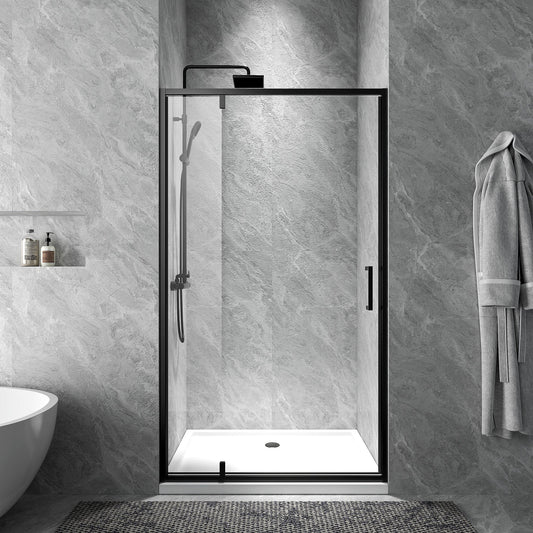 Rothnow® black pivot shower door for shower panel, featuring sleek black profile and modern design for bathroom enclosure.