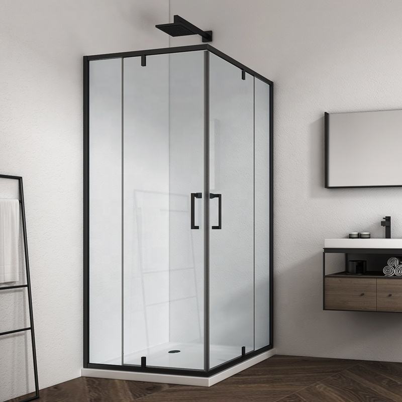 Rothnow® black profile pivot shower door on a sleek shower panel, featuring a modern design and clear glass for a contemporary bathroom.