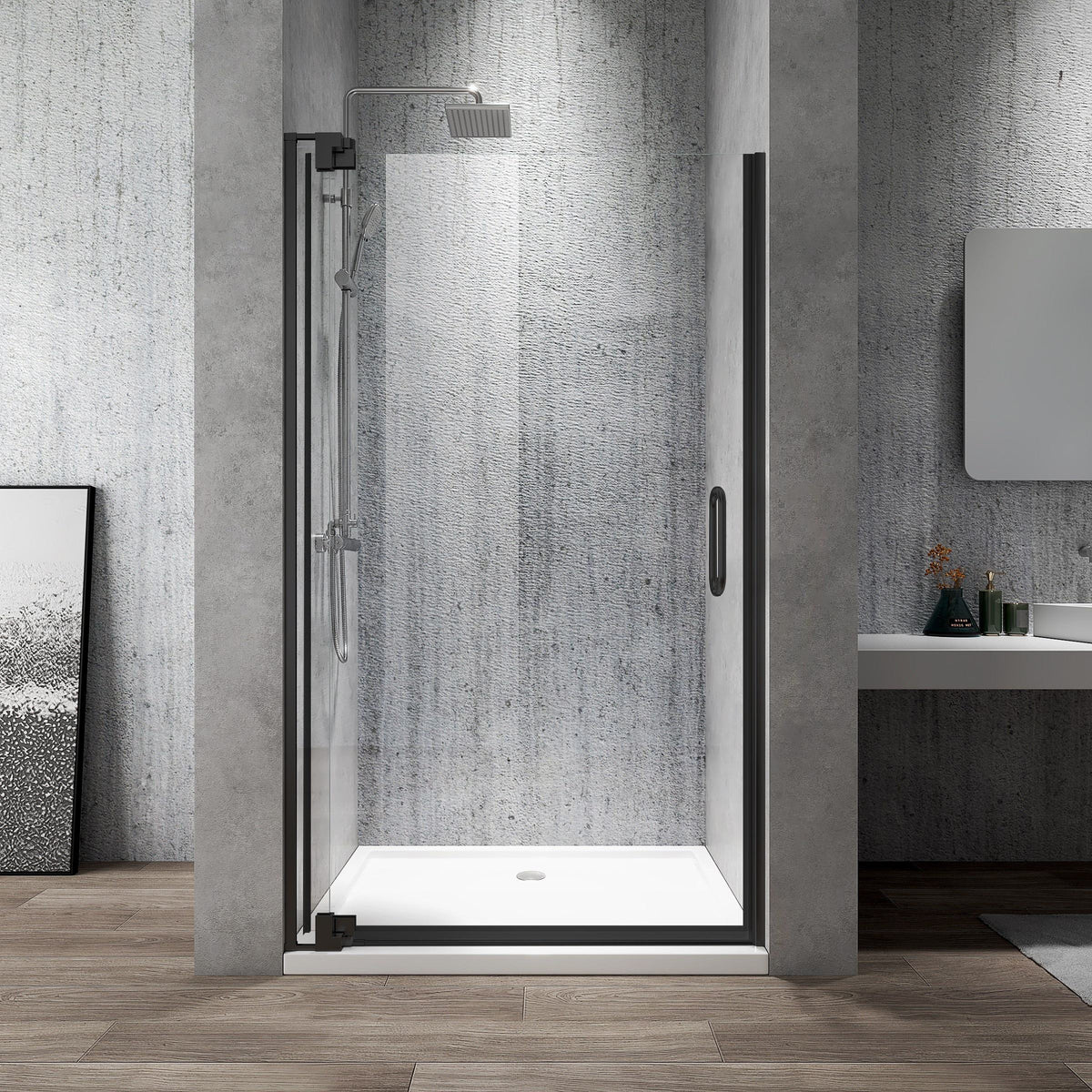 Rothnow® black frameless pivot shower door for shower panel, 900mm wide and 2200mm high, clear glass, sleek modern design