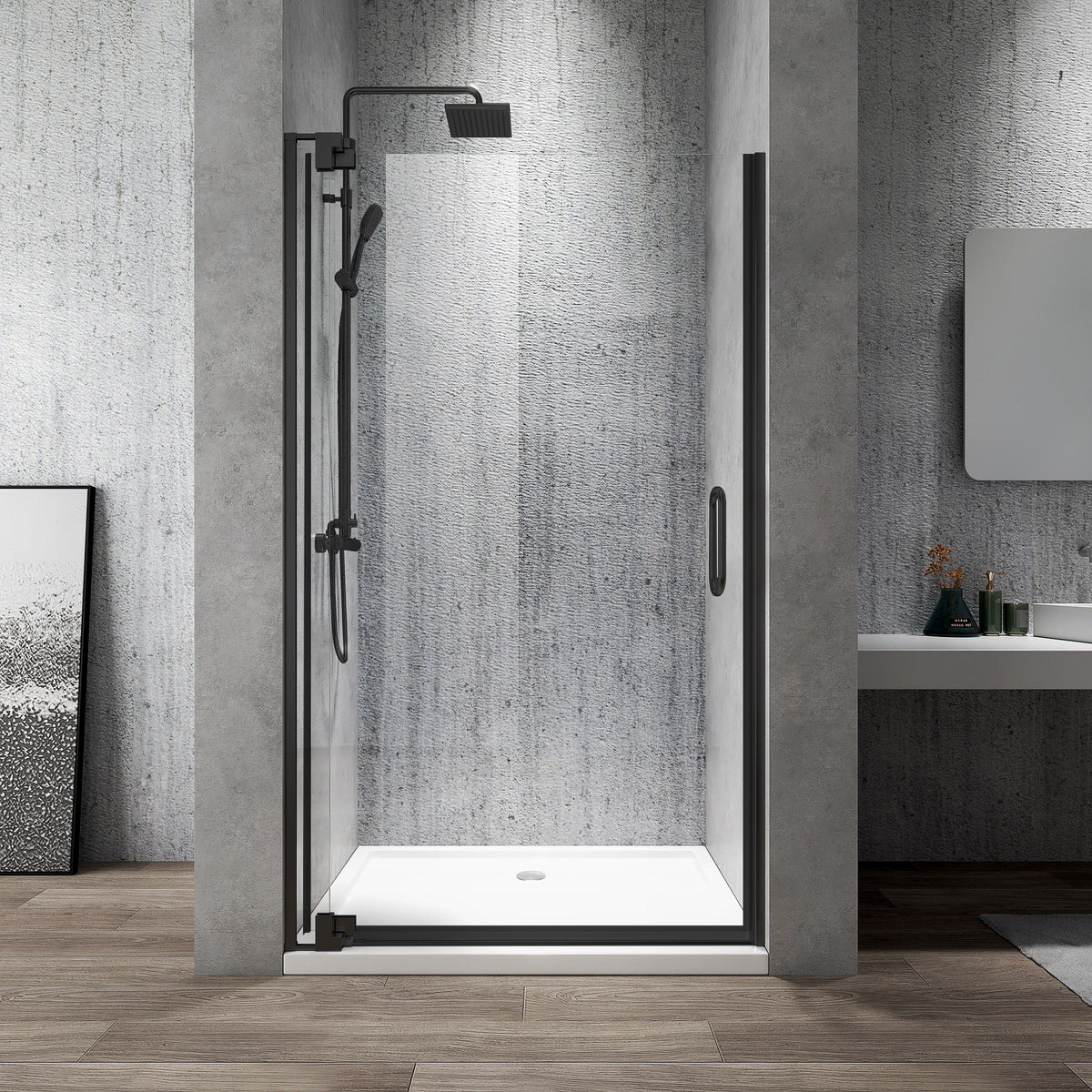 Rothnow® black frameless pivot shower door for shower panel, with sleek glass design and modern bathroom look.