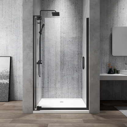 Rothnow® black frameless pivot shower door for shower panel, with sleek glass design and modern bathroom look.