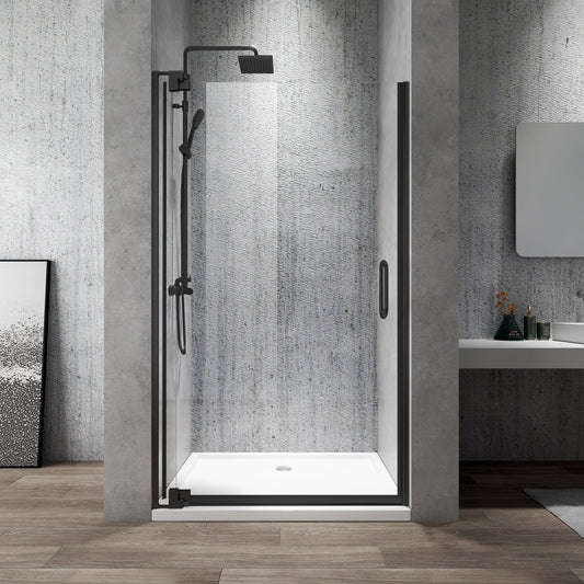 Rothnow® black frameless pivot shower door for shower panel, with sleek glass design and modern bathroom look.