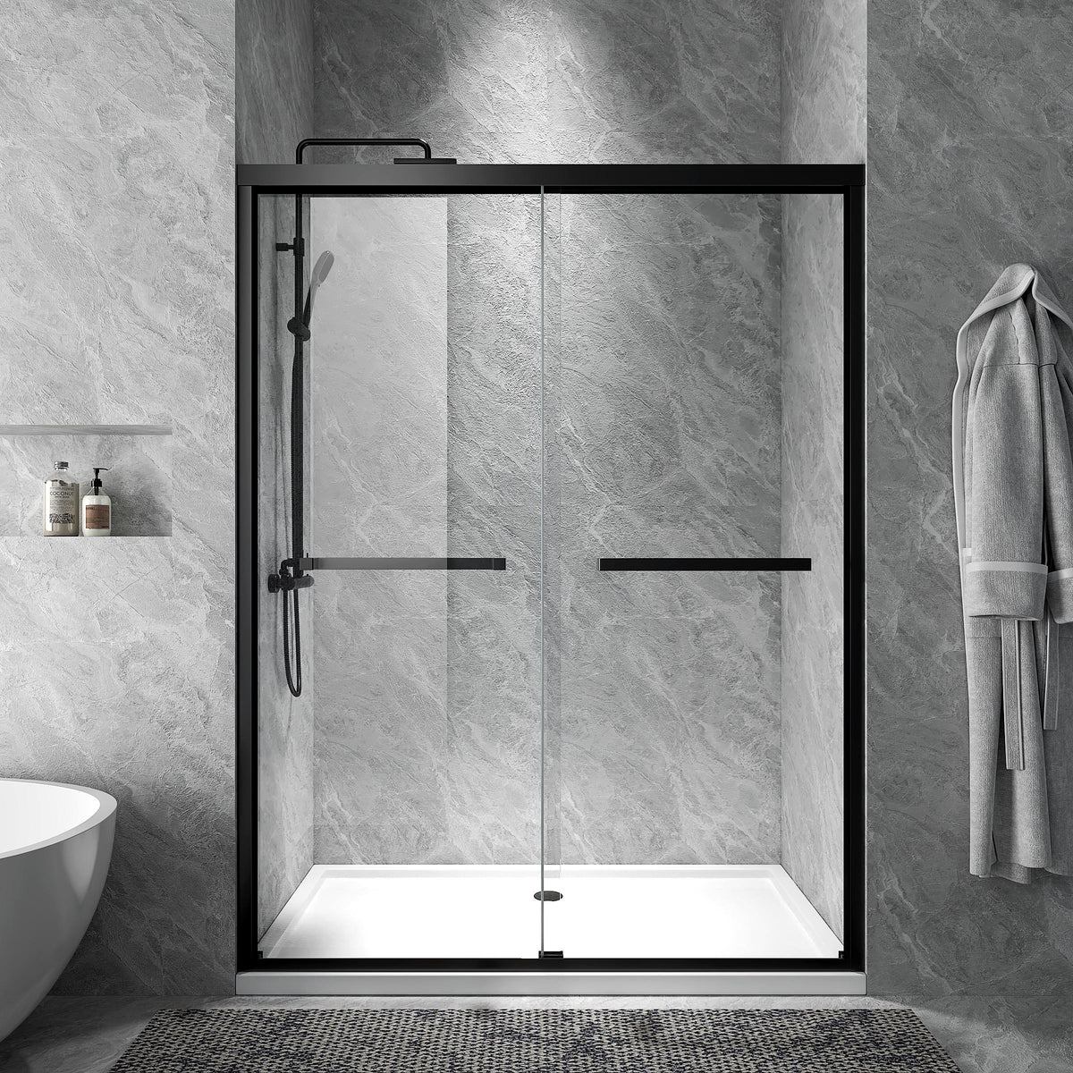 Rothnow® black sliding shower door with sleek profile, 900mm width and 2200mm height, for modern shower enclosures.