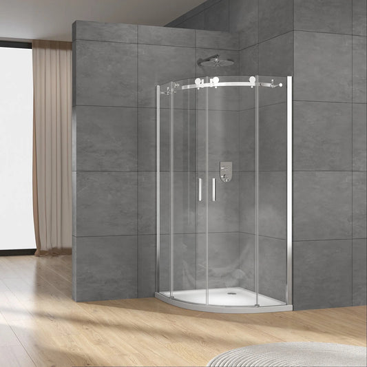Rothnow® curved frameless glass sliding shower door, 900mm x 2200mm, black finish, for modern bathroom shower enclosure.