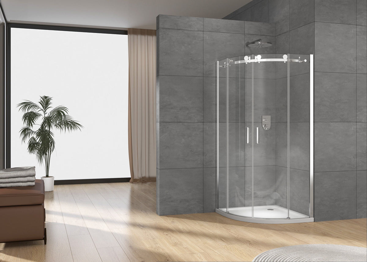 Rothnow® curved frameless glass sliding shower door with black frame, designed for modern shower panels.