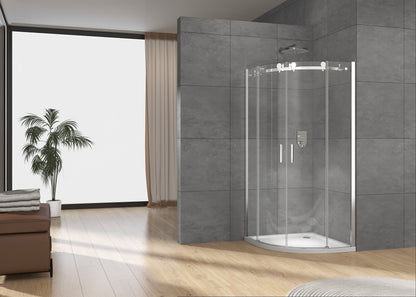 Rothnow® curved frameless glass sliding shower door with black frame, designed for modern shower panels.