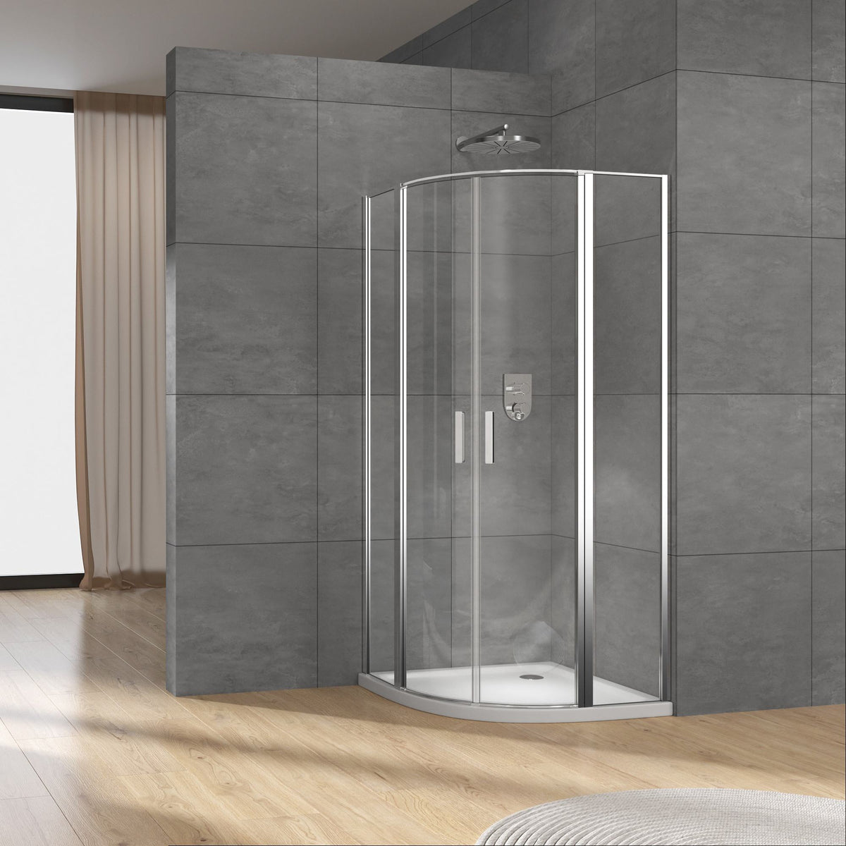 Rothnow® curved glass sliding shower door with black frame, 900mm width and 2200mm height, modern shower panel design.