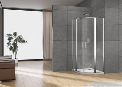 Rothnow® curved glass sliding shower door with black frame, designed for modern shower panels, featuring sleek, transparent glass.