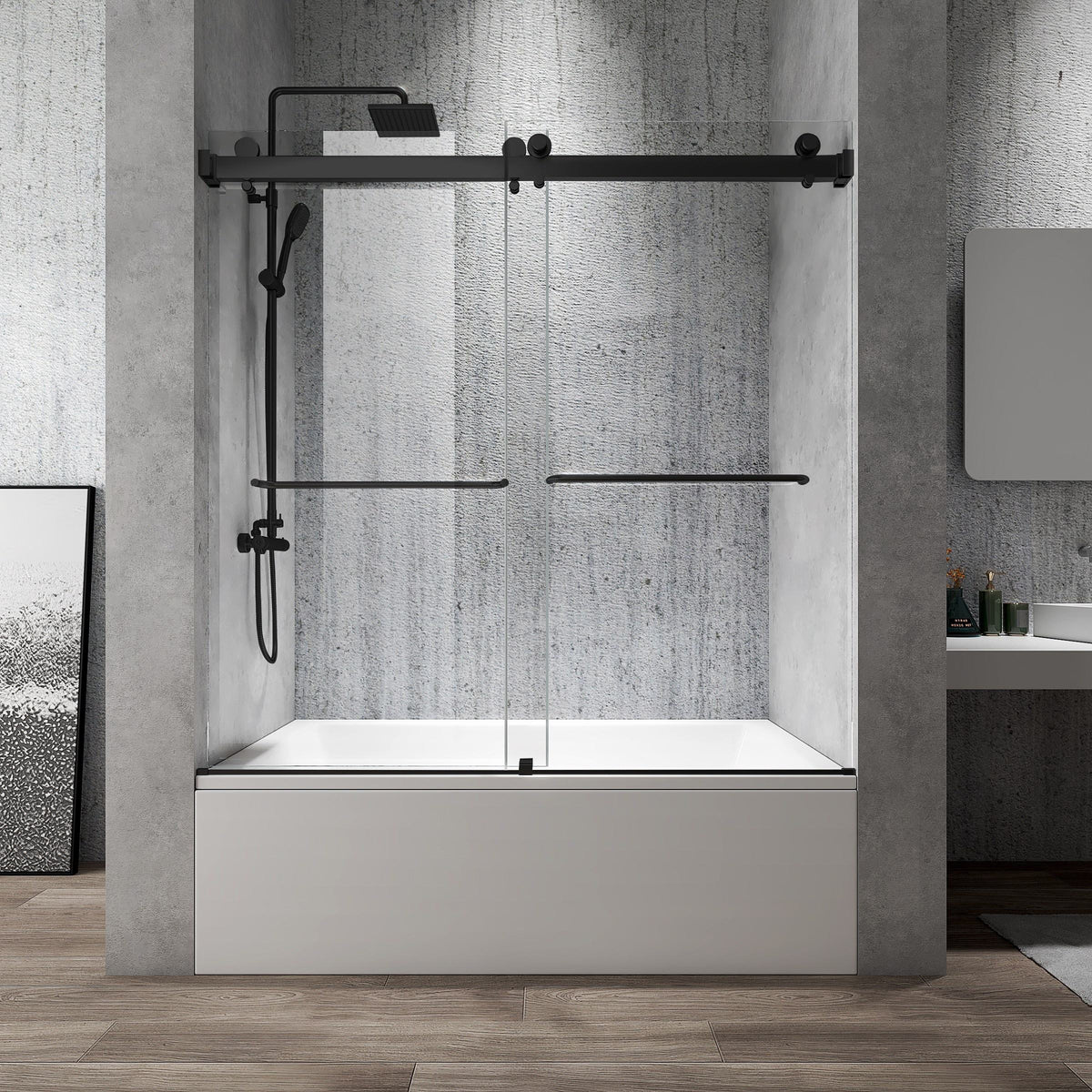 Black frameless Rothnow walk-in shower panel with sliding door, clear glass, and sleek design for bathtub or shower enclosure.