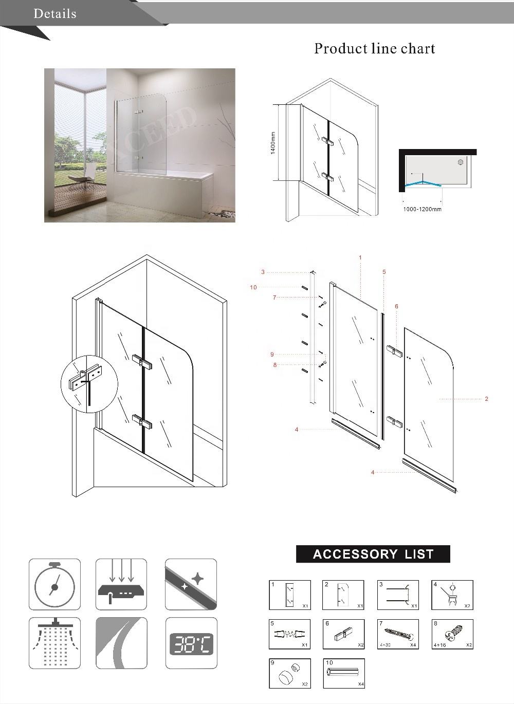 Rothnow® black walk-in bathtub shower door with double panels, clear glass, and sleek design for modern shower enclosure.