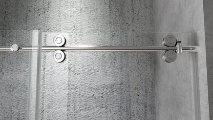 Rothnow® black mirrored frameless sliding shower door for walk-in bathtub, sleek and modern design with clear glass panels.