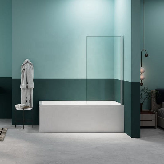 Rothnow® walk-in shower panel with black frame and single rectangular glass door for bathtub shower enclosure.