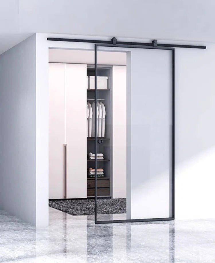 Rothnow® Aluminum Door 16x45 Series American Style Slim Frame Barn Door with clear glass and white finish