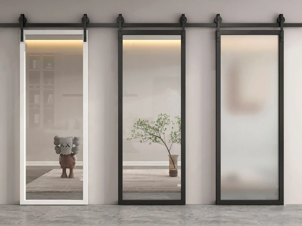 Rothnow® Aluminum Door with clear glass, 16x45 Series slim frame American-style barn door, white finish, modern design.