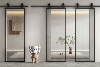 Rothnow® aluminum barn door with clear glass, white finish, 16x45 series slim frame American style door, sleek and modern design