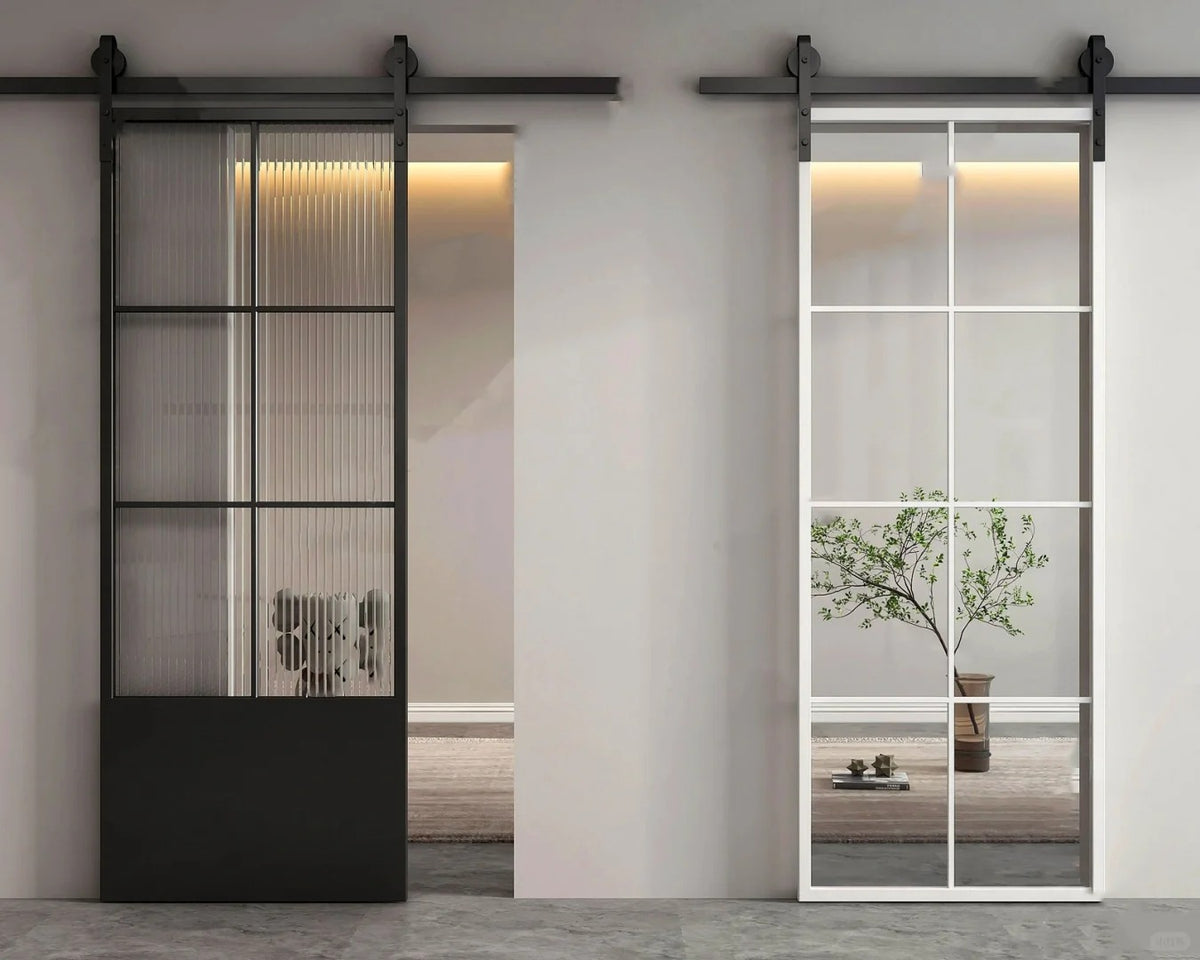 Rothnow® aluminum barn door with white finish, clear glass skin, 16x45 series slim American style frame, 900mm wide by 2200mm high