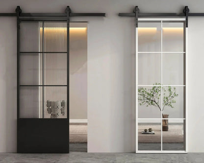 Rothnow® aluminum barn door with white finish, clear glass skin, 16x45 series slim American style frame, 900mm wide by 2200mm high