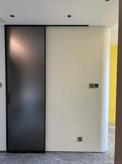 Rothnow aluminum barn door with slim white frame and clear glass for living room, 16x45 series, modern interior door design