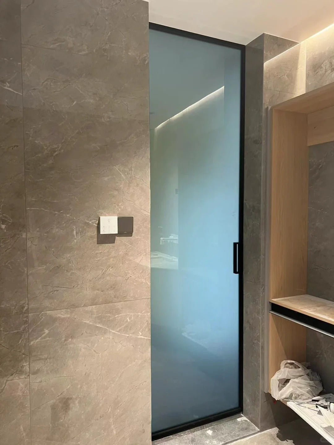 Rothnow® aluminum door with clear glass, 16x45 series slim frame barn door for living room, white finish, modern design.