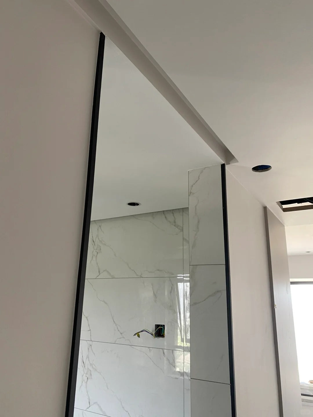 Rothnow Aluminum Door 16x45 Series slim frame barn door with clear glass, white finish, ideal for living room or interior spaces.