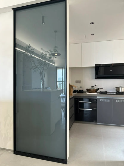Rothnow aluminum door with 16x45 series slim frame and crystal grey glass, featuring clear glass skin and modern design.