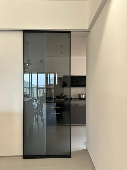 Rothnow® Aluminum Door 16x45 Series Slim Frame Ghost Door with Crystal Grey Glass, featuring a modern white aluminum frame and clear glass.