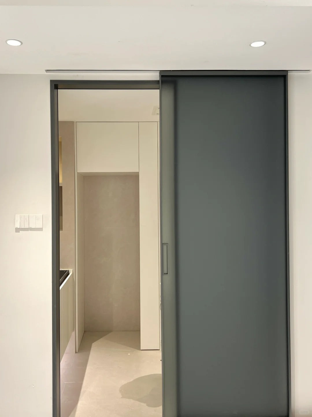Rothnow® Aluminum Door 16x45 Series Slim Frame Ghost Door in grey oil sand with clear glass, modern design for interior or exterior use.
