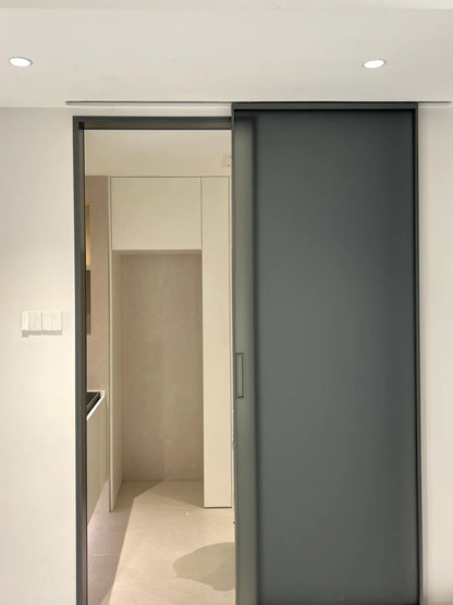 Rothnow® Aluminum Door 16x45 Series Slim Frame Ghost Door in grey oil sand with clear glass, modern design for interior or exterior use.
