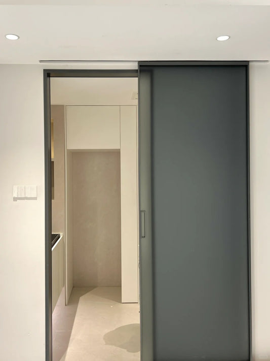 Rothnow® Aluminum Door 16x45 Series Slim Frame Ghost Door in grey oil sand with clear glass, modern design for interior or exterior use.