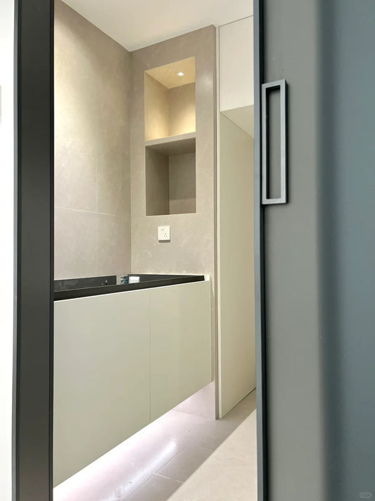 Rothnow aluminum door from 16x45 series with slim frame, grey oil sand glass, clear glass skin, and modern design.