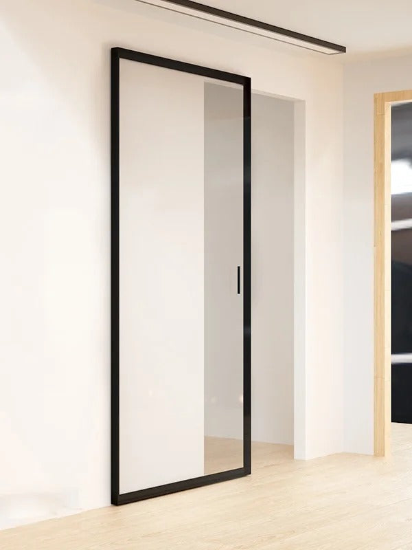 Rothnow® Aluminum Door 16x45 Series Slim Frame Ghost Door with clear glass, white frame, modern design, and transparent glass panel.