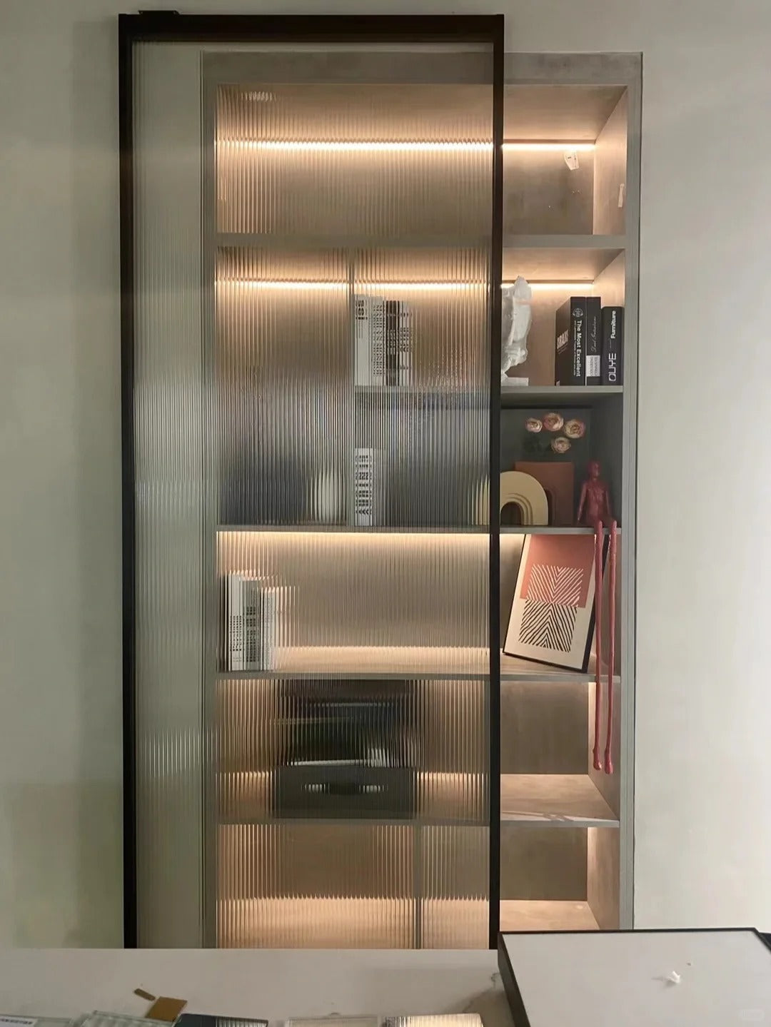 Rothnow® Aluminum Door 16x45 Series with slim frame and waved clear glass, white finish, modern ghost door design.
